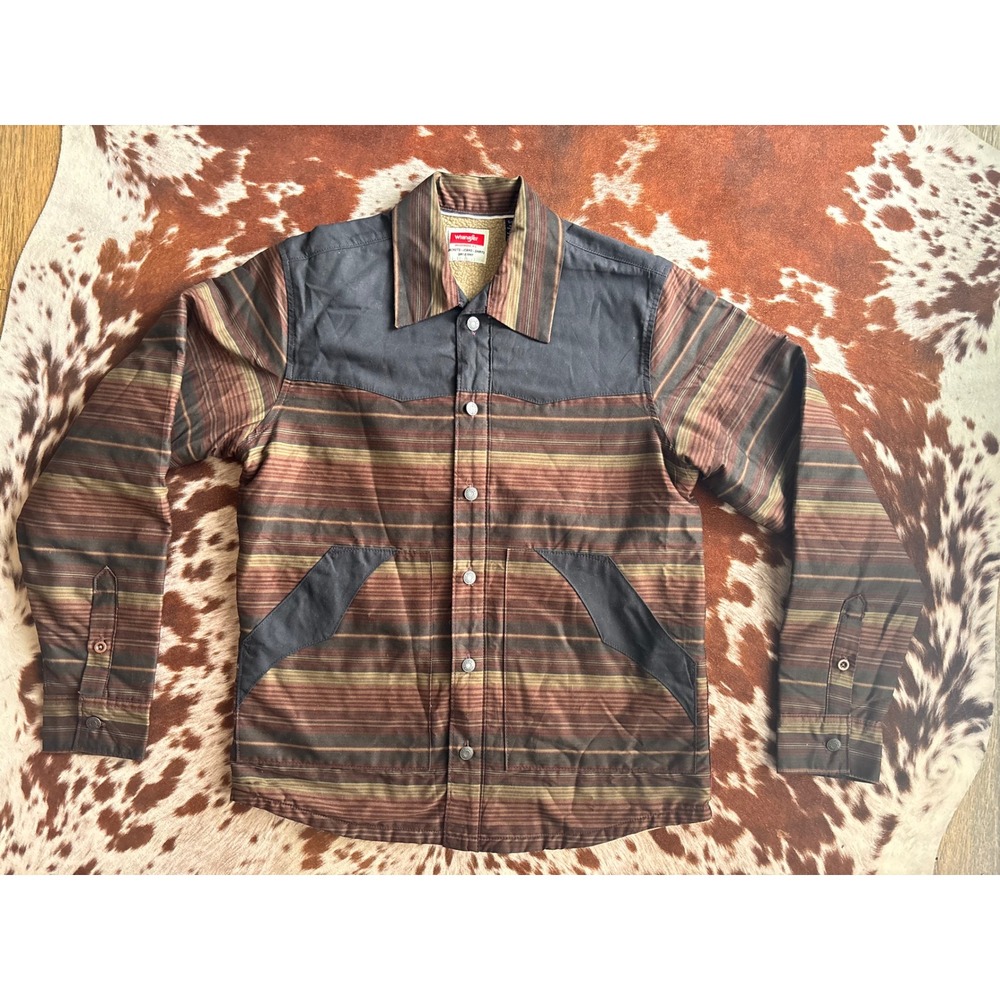 Wrangler Mens Sherpa Lined Striped Western Shirt Jacket Brown Navy Small